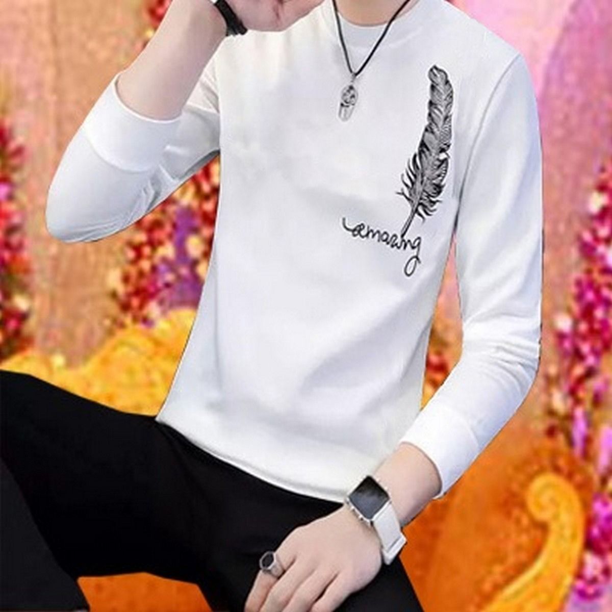 Men's Stylish Leaf Print Full Sleeves T-Shirt - Latest Designer Summer Collection | Premium Stitched Party &amp; Casual Wear for Him - White View Gallery - Pakistan