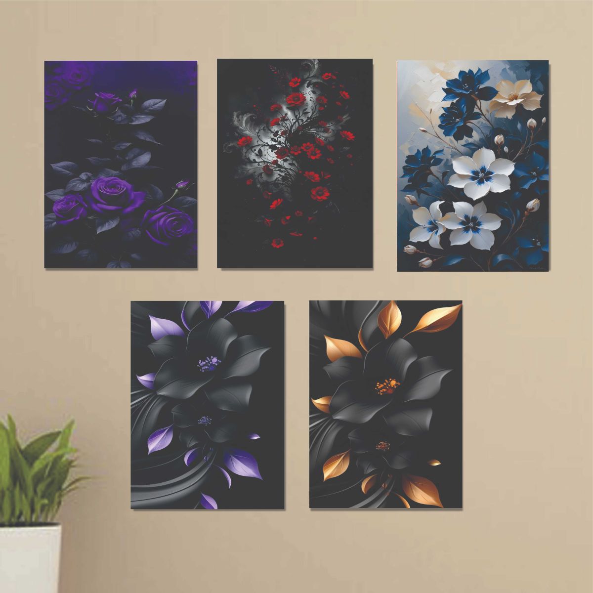 Set Of 3 Flower Sticky Canvas Phototiles Frame For Wall, Home Decor