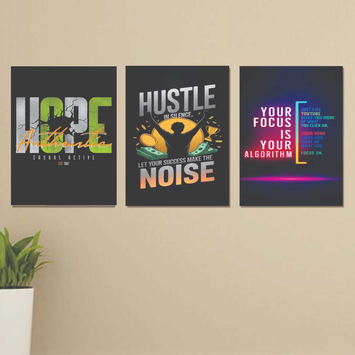 Set Of 3 Motivational Sticky Canvas Frames For Wall Decore / Sticky Phototiles