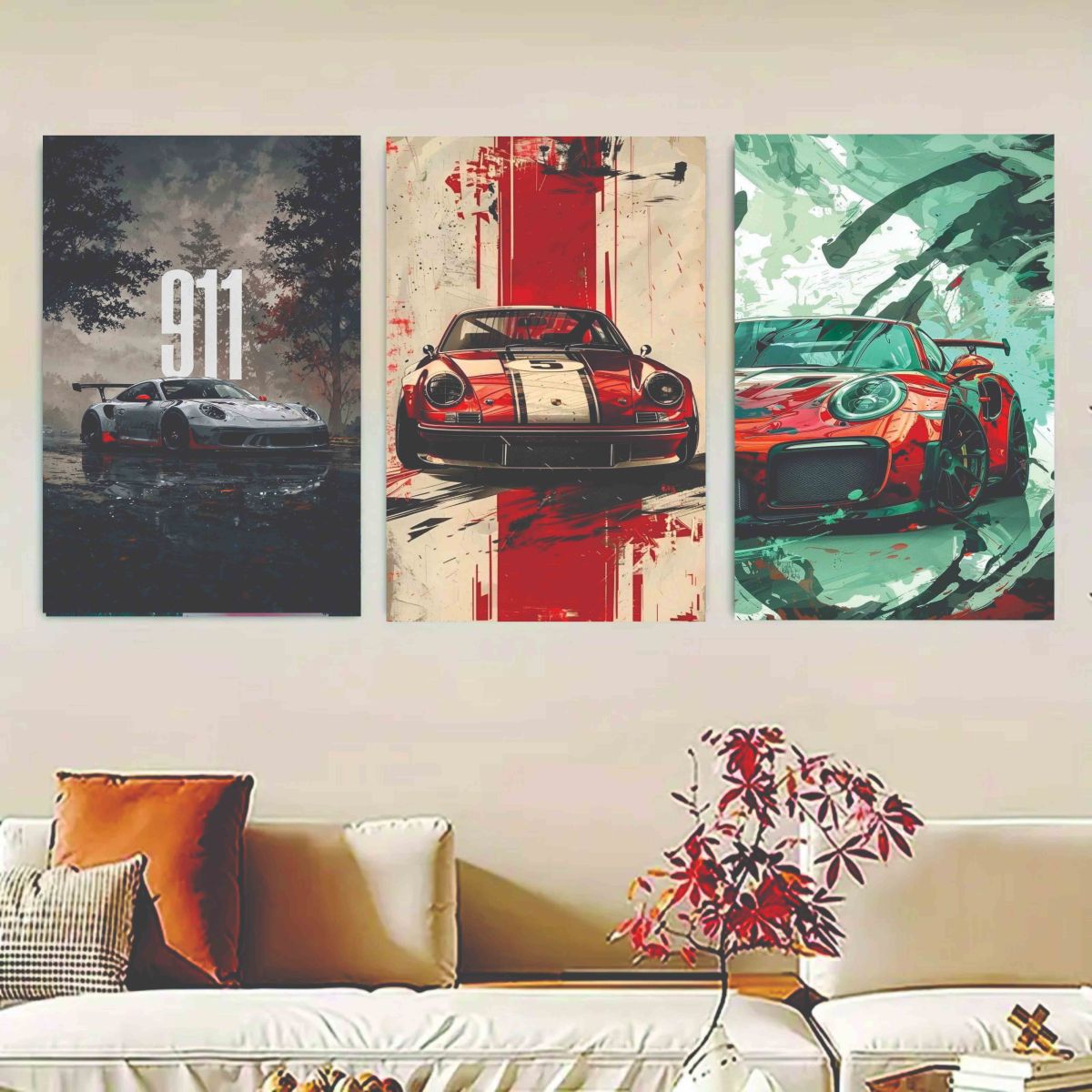 Set Of 3, Luxary Cars Wall Art Photo Canvas Wooden Tile Frame