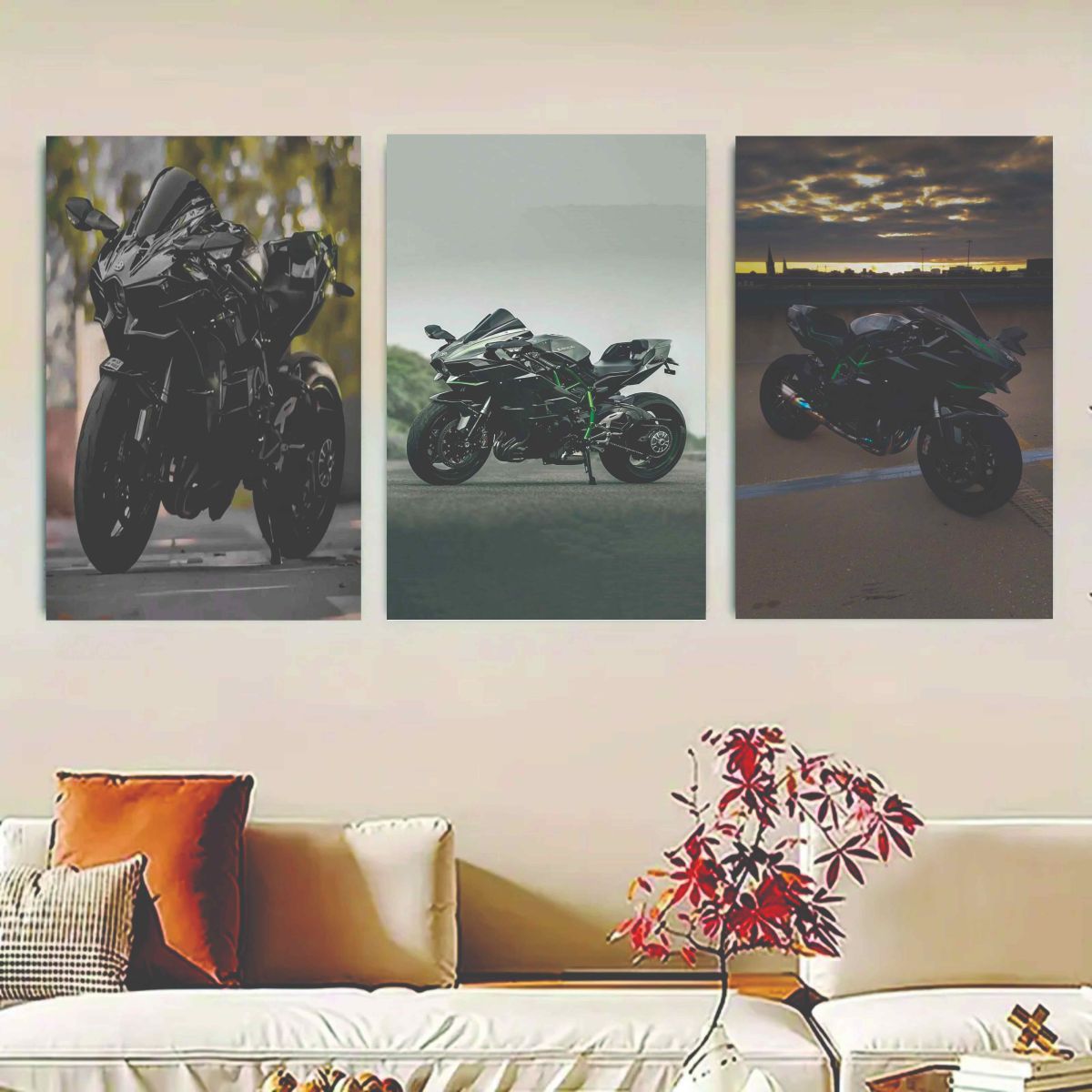 Set Of 3 Ninja H2R bike Sticky Canvas Frames For Wall Decore / Sticky Phototiles