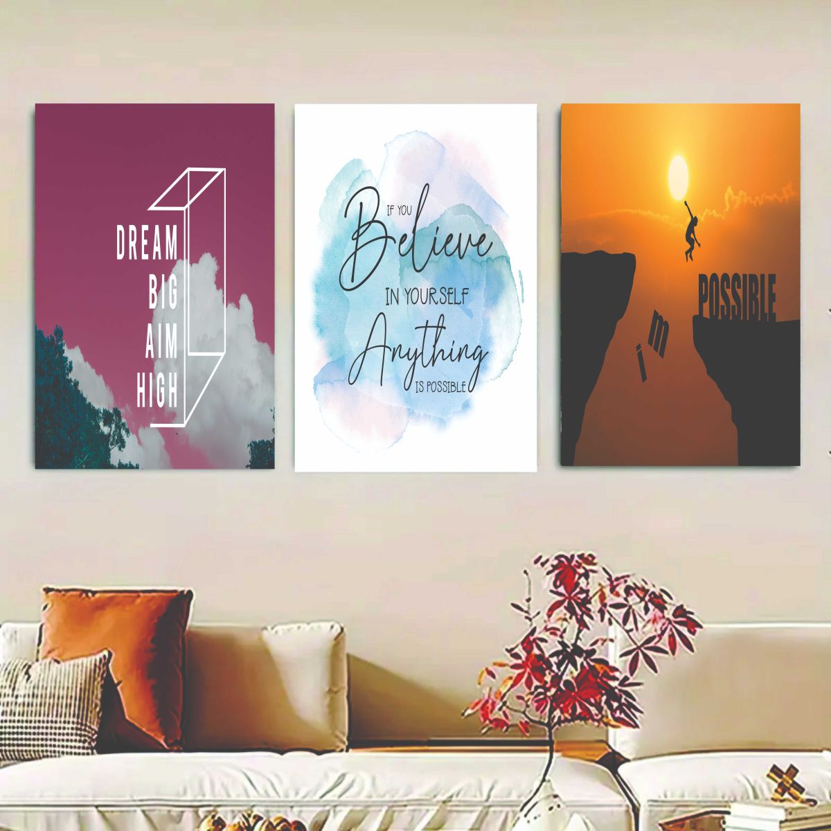 Set Of 3 Motivational Sticky Canvas Frames For Wall Decore / Sticky Phototiles
