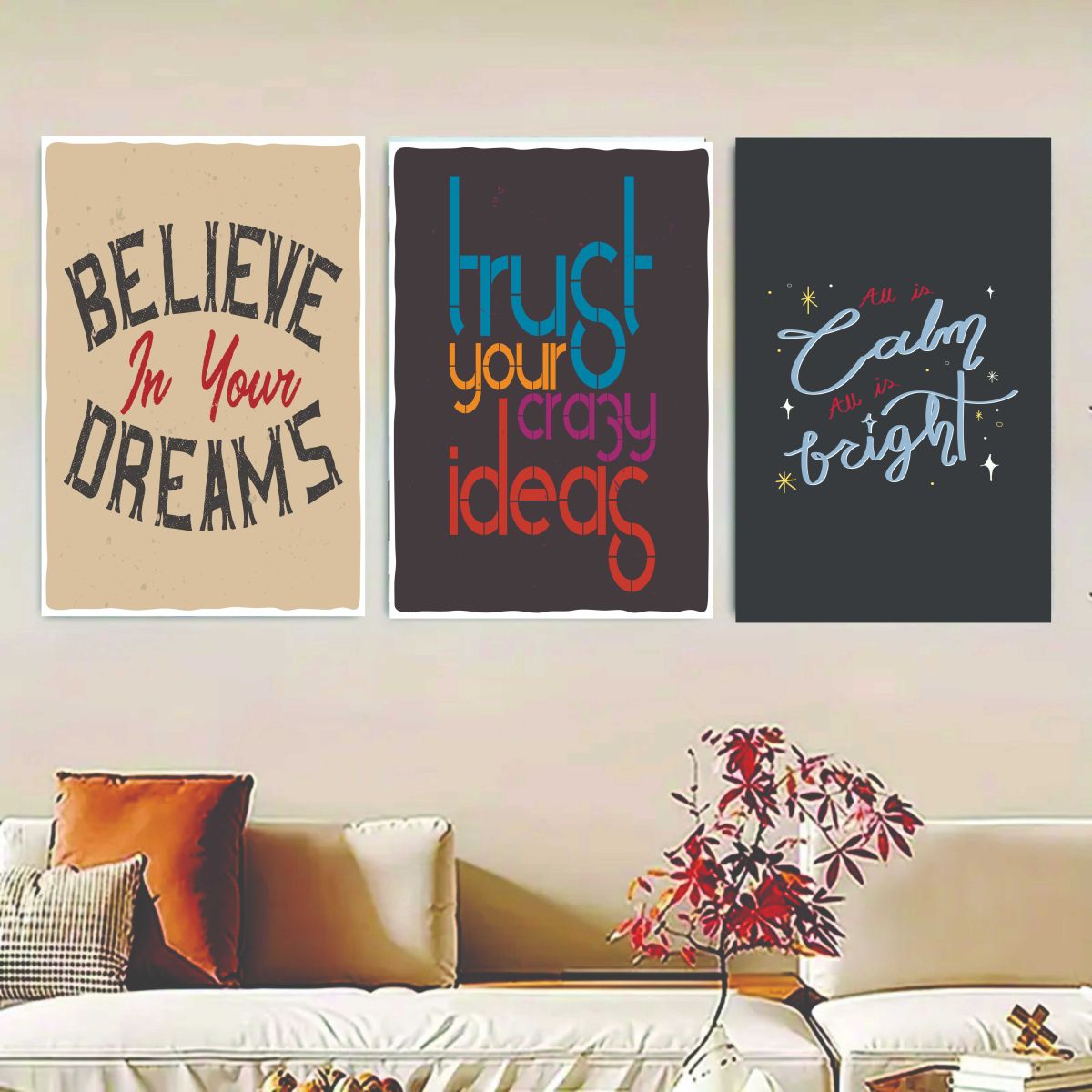 Set Of 3, Abstrac Wall Art Photo Canvas Wooden Tile Frame