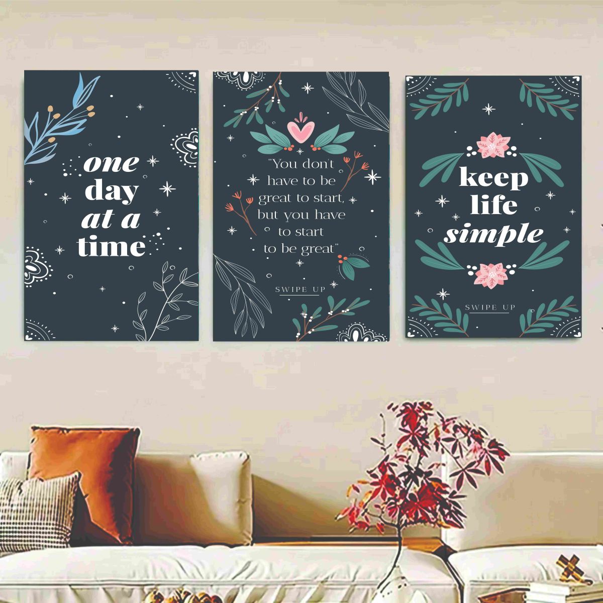 Set Of 3 Motivational Sticky Canvas Frames For Wall Decore / Sticky Phototiles