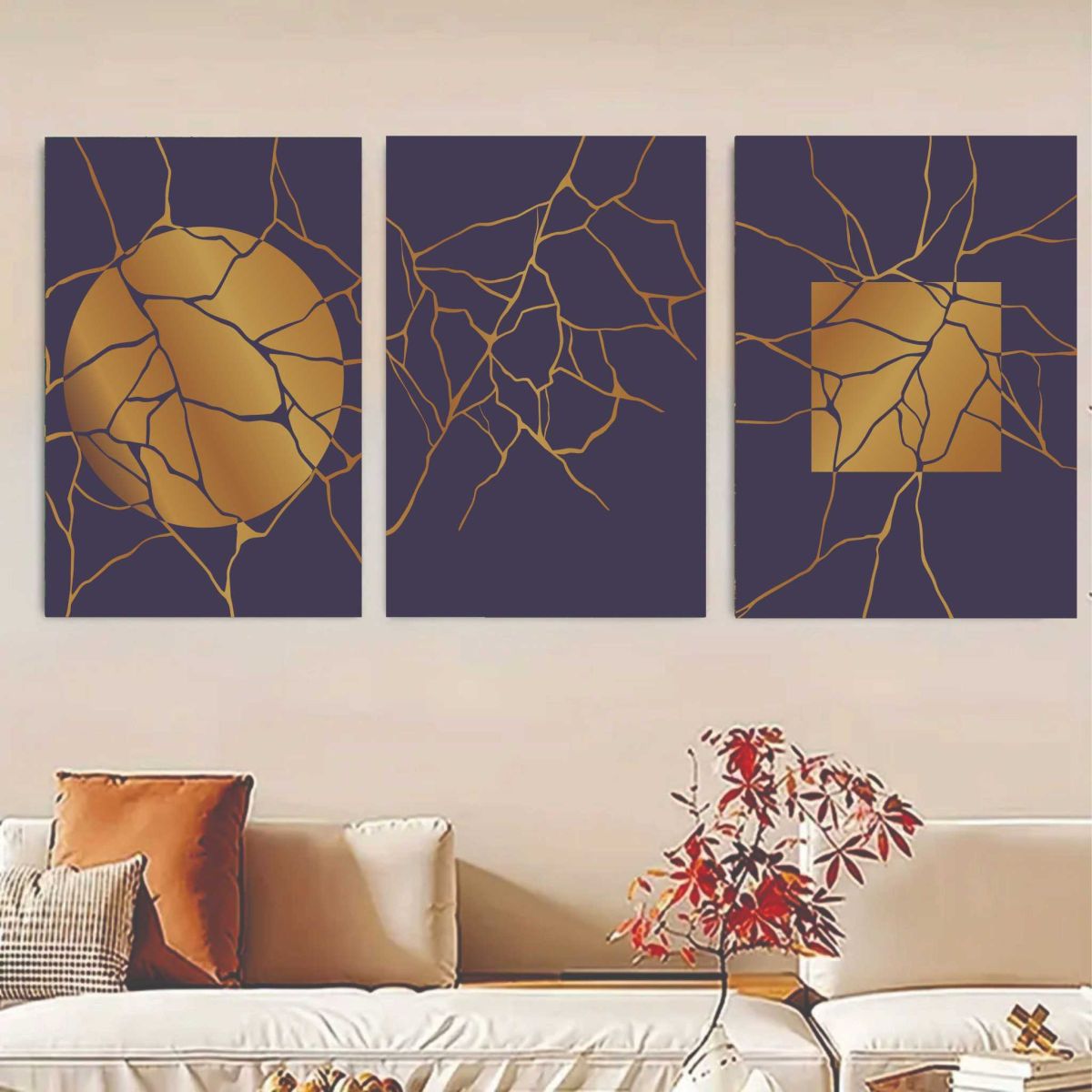 Set Of 3, Abstract golden moon Wall Art Photo Canvas Wooden Tile Frame
