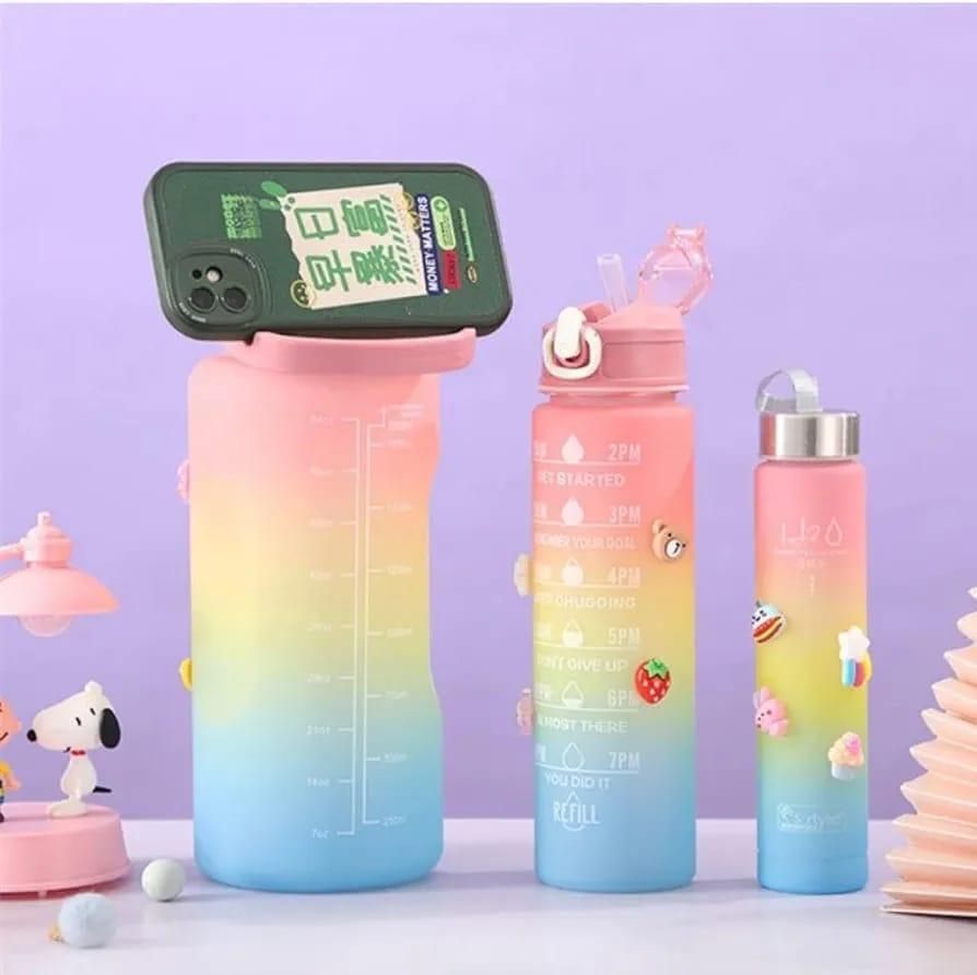 3 pieces Water Bottles | Colorful Motivational Sports Water Bottle with Time Marker Plastic Frosted Water Cup Outdoor Fitness Water Bottles (Random Design) View Gallery - Pakistan