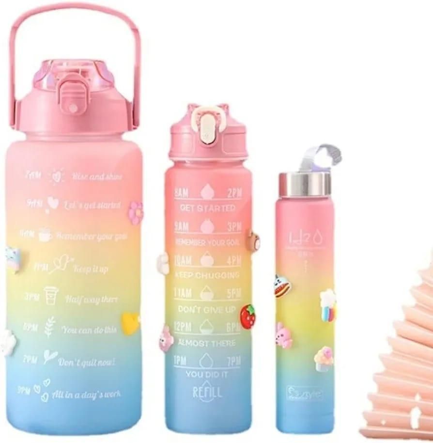 3 pieces Water Bottles | Colorful Motivational Sports Water Bottle with Time Marker Plastic Frosted Water Cup Outdoor Fitness Water Bottles (Random Design) View Gallery - Pakistan