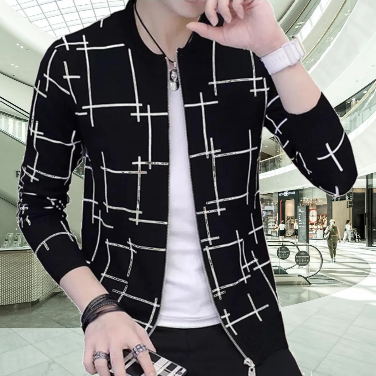 Fashionable &amp; Premium Quality - Stay Stylish with a Black Lining Printed Zipper Jacket, Featuring Trendy Design and Wash and Wear View Gallery - Pakistan