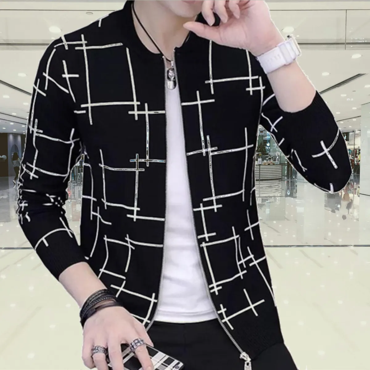 Fashionable &amp; Premium Quality - Stay Stylish with a Black Lining Printed Zipper Jacket, Featuring Trendy Design and Wash and Wear View Gallery - Pakistan