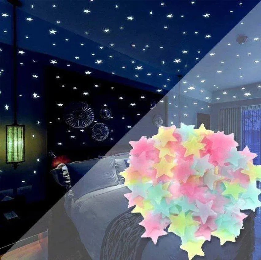 Pack of 100 – 3D Glowing Stars for Ceiling and Wall Decoration – Luminous Night Sky Stickers for Kids’ Rooms, Bedrooms, and Nurseries – Glow-in-the-Dark Wall Decals with Adhesive