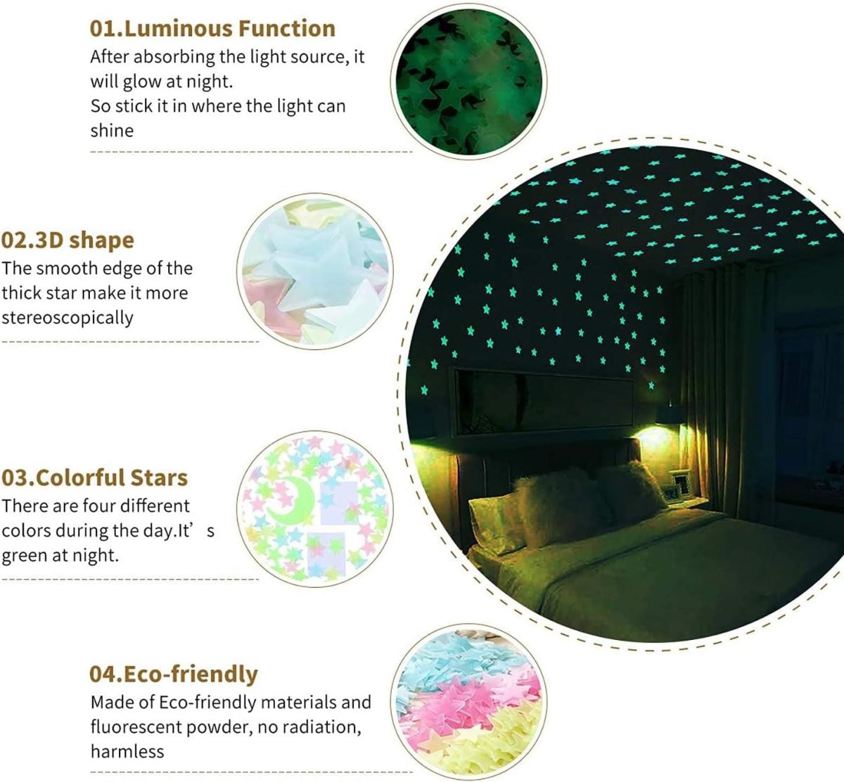 Pack of 100 – 3D Glowing Stars for Ceiling and Wall Decoration – Luminous Night Sky Stickers for Kids’ Rooms, Bedrooms, and Nurseries – Glow-in-the-Dark Wall Decals with Adhesive View Gallery - Pakistan