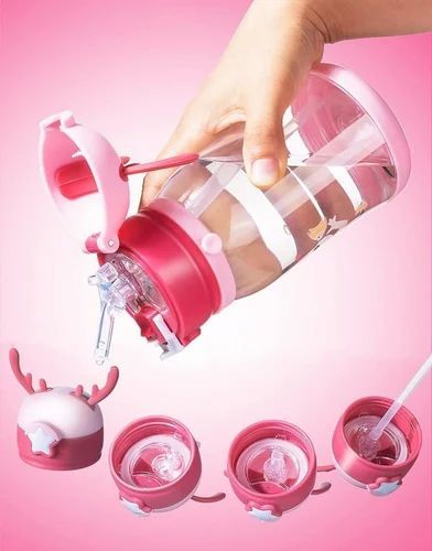 Adorable Reindeer-Themed Kids Water Bottle – Durable Thorn-Shaped Design with Leak-Proof Lid, Easy-Grip Handle, and BPA-Free Material for School, Travel, and Outdoor Activities - 600ml - Random Color - Without Box View Gallery - Pakistan