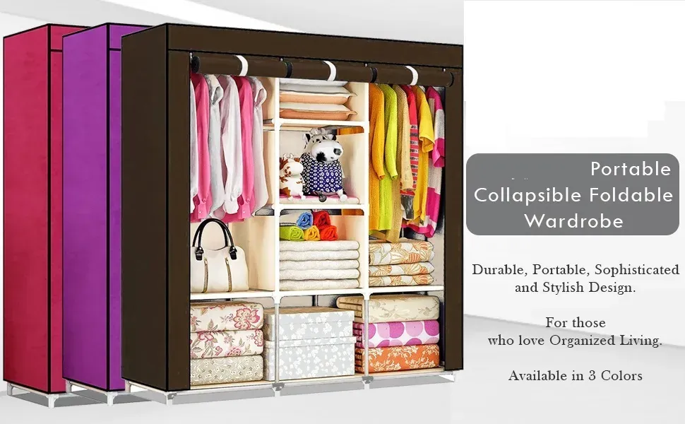 3 Door Fancy &amp; Portable Foldable Closet Wardrobe Storage Organizer with Shelves Foe Multi Purpose View Gallery - Pakistan