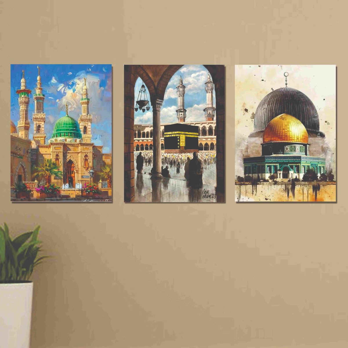 Set of 3 khana kaba masjid e nabwi al aqsa mosque beautiful islamic wall art