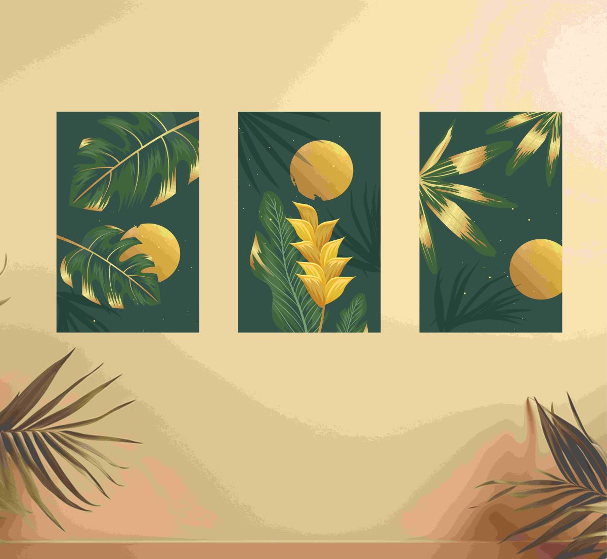 Set Of 3, Abstract Sun Leaf wall Art Photo Canvas wooden Tile Frame