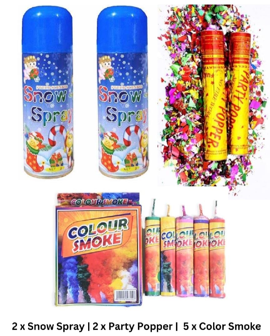 Celebration Combo Pack – 2 Snow Sprays + 2 Party Poppers + 5 Color Smoke Bombs for Birthdays &amp;amp; Parties