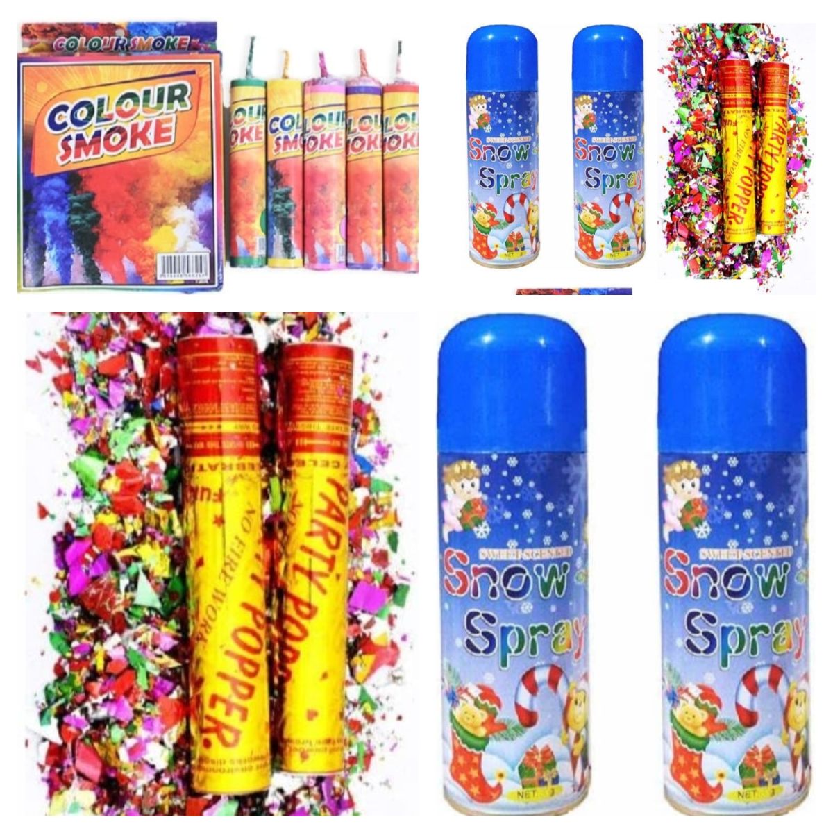 Celebration Combo Pack – 2 Snow Sprays + 2 Party Poppers + 5 Color Smoke Bombs for Birthdays &amp; Parties View Gallery - Pakistan