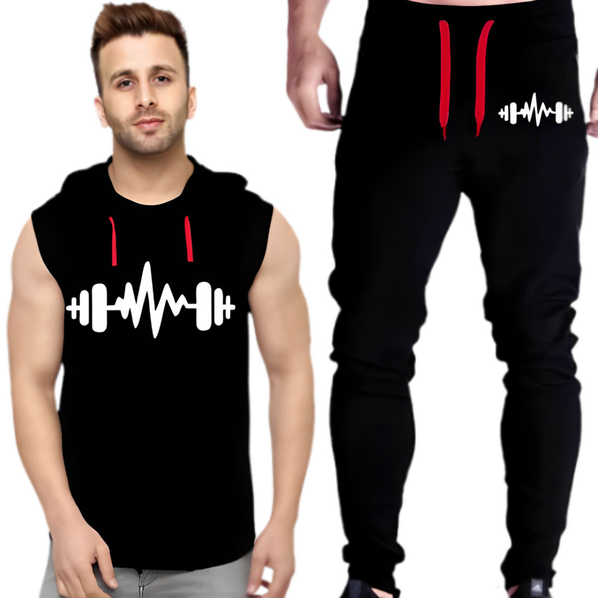 Black Vinyl Dumble Printed Gym Summer Hooded Sleeveless Tracksuit for Mens (Hooded + Trouser) View Gallery - Pakistan