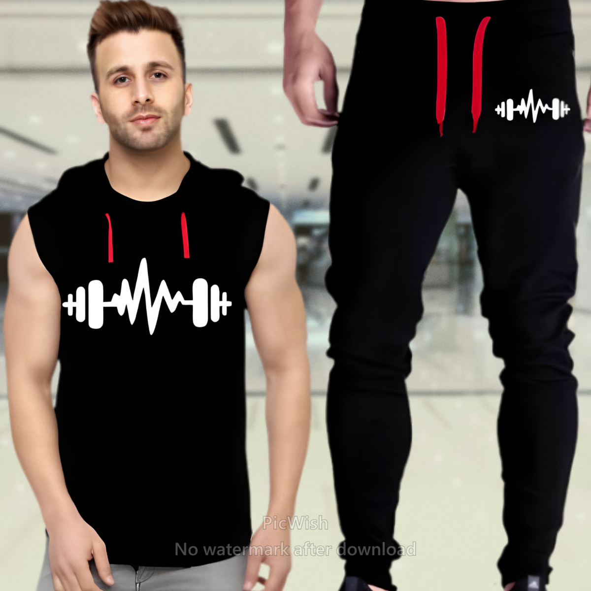 Black Vinyl Dumble Printed Gym Summer Hooded Sleeveless Tracksuit for Mens (Hooded + Trouser) View Gallery - Pakistan