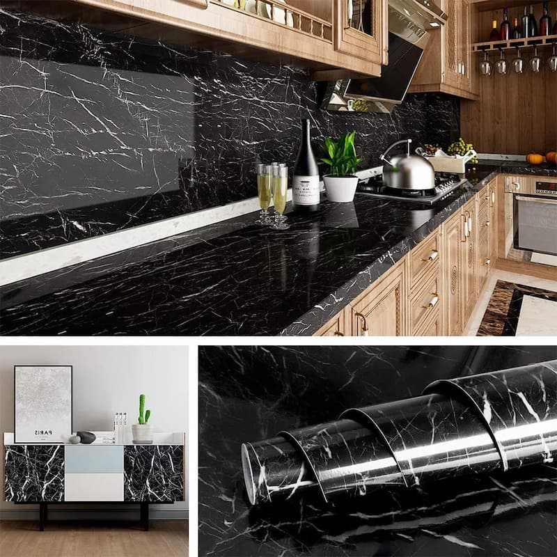 Self-Adhesive Kitchen Black Marble Sheet- Waterproof Heat Resistant Sheet for Living Room, Bathroom, Kitchen Countertops Black Sheet - 02 Meter