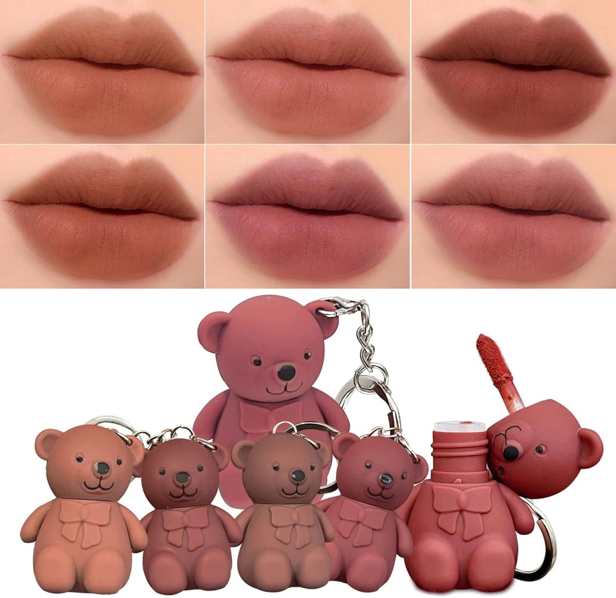 6-Piece Cute Bear Keychain Liquid Lipstick Set – Mist Matte Velvet Finish, Moisturizing Lip Stain, Waterproof &amp; Long-Lasting Lip Gloss (6 Colors) View Gallery - Pakistan
