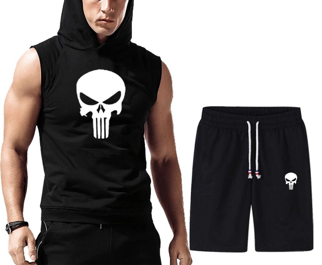 Men's Quick Dry Hooded+short Vest | Solid Black Color Fitness Training Muscle Workout Gym track suit for man