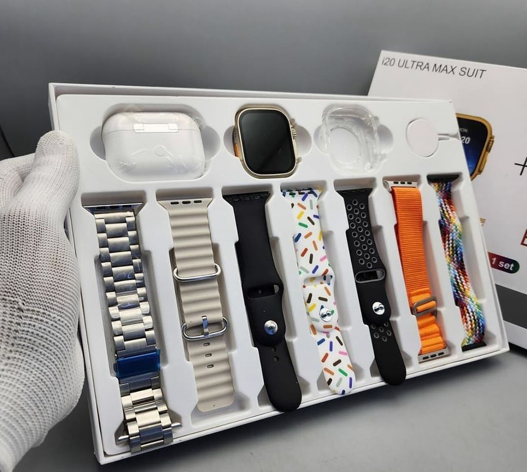 I20 Ultra Max suit Smart Watch 10 in 1 box 2.3inch large screen with 7 strips smartwatch With Airpords2 (random color) View Gallery - Pakistan