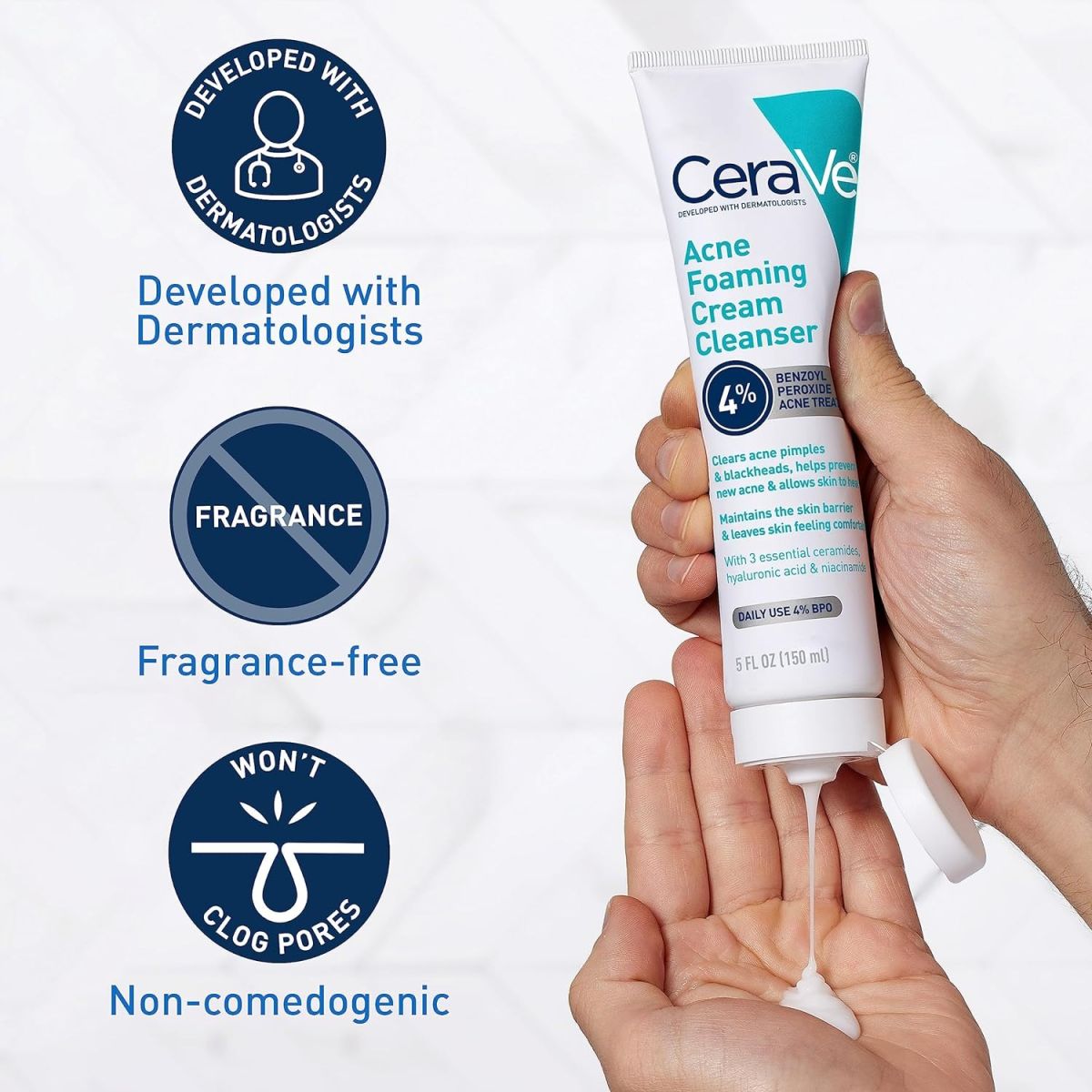 CeraVe Acne Foaming Cream Cleanser – 4% Benzoyl Peroxide Treatment [120ml] View Gallery - Pakistan