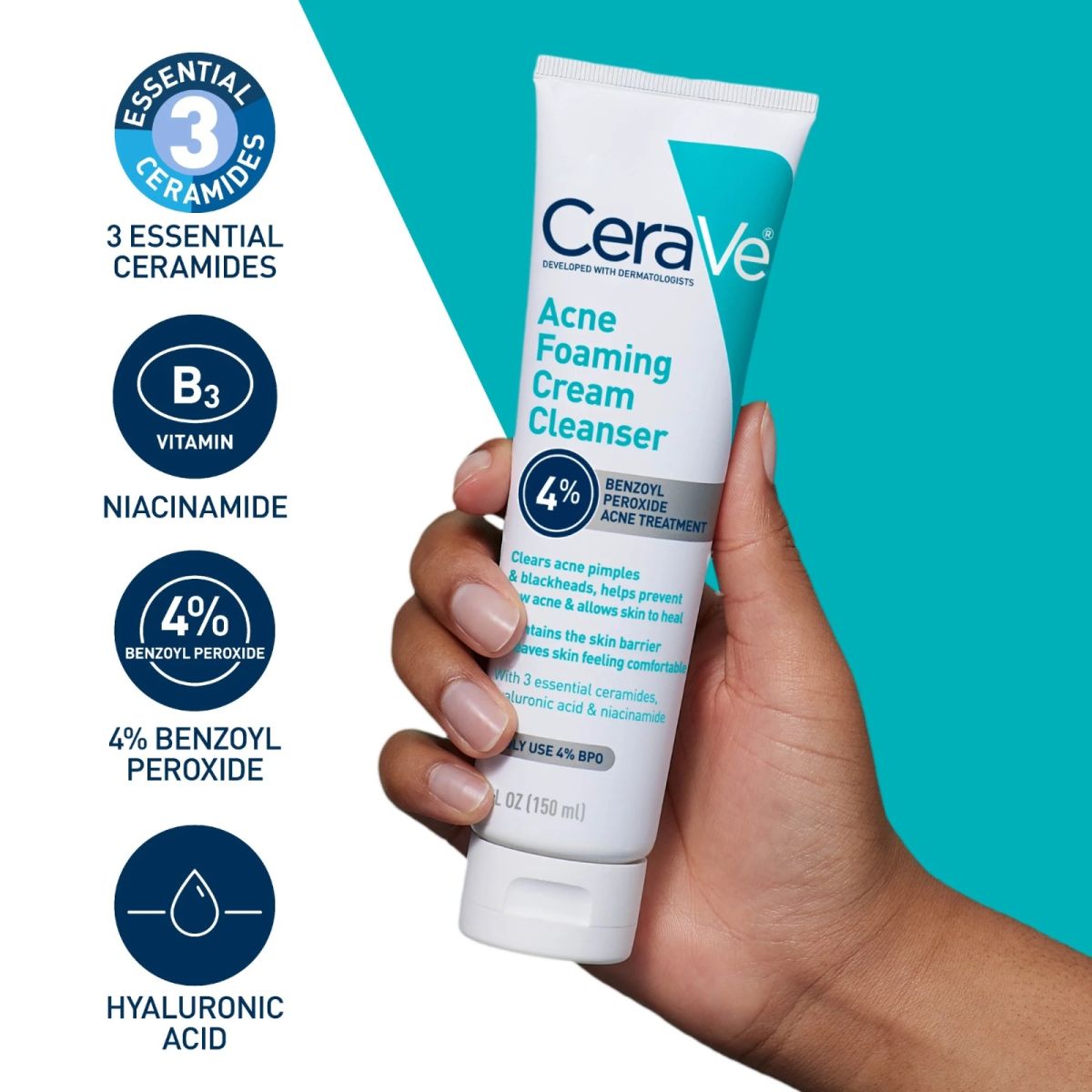 CeraVe Acne Foaming Cream Cleanser – 4% Benzoyl Peroxide Treatment [120ml] View Gallery - Pakistan