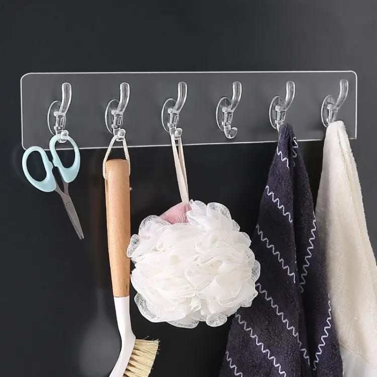 6 Row Transparent Self-Adhesive Wall Hooks – Multi-Purpose Clothes, Coats, Towels, Keys, Kitchen & Bathroom Storage Rack View Gallery - Pakistan