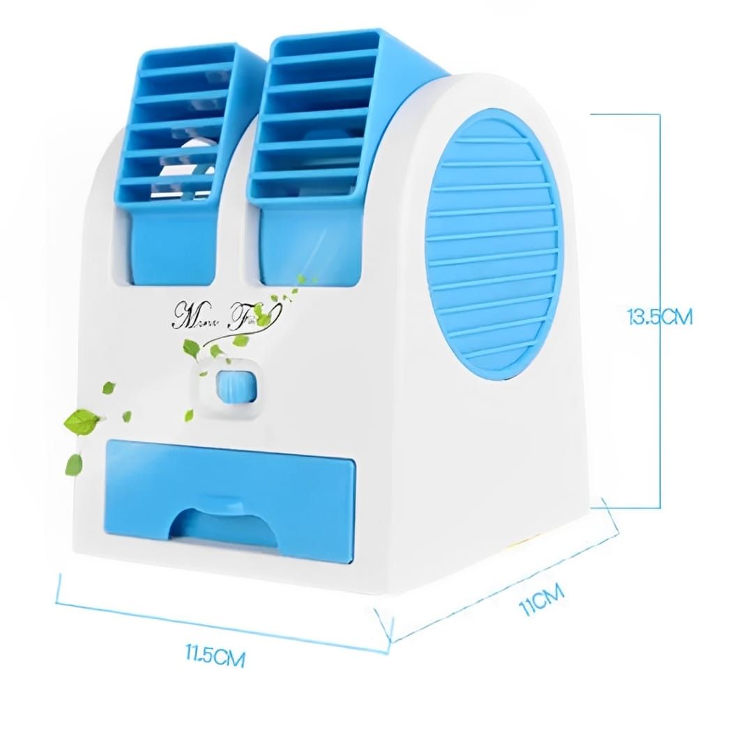 Portable Mini AC Air Cooler – USB &amp; Battery Operated | Dual Blower with Ice Tray | Blade-less Cooling Fan for Home, Shop, Kitchen, Table &amp; Outdoor Use View Gallery - Pakistan