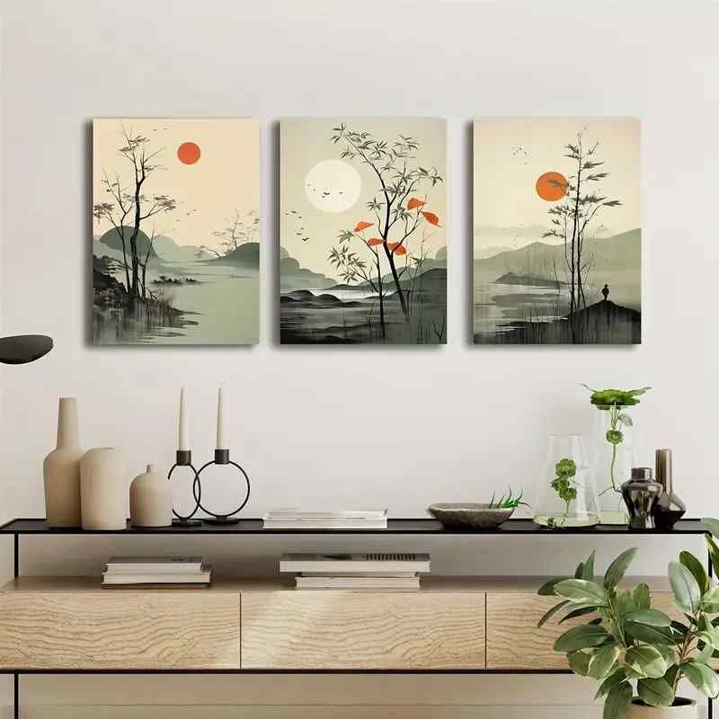 3pcs Wall Art Set - Modern Classic Style Painted Scenes, Wood MDF  Photo Tile Frame Orientation for Living Room, Bedroom, Home Office - Art Deco Themed Paintings