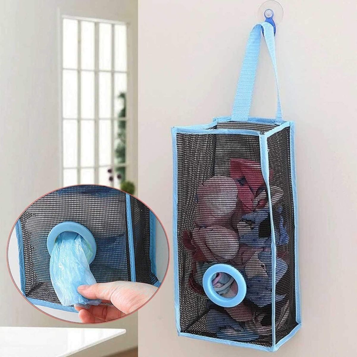 Plastic Bag Holder, Dispenser Hanging Storage Mesh Garbage Big/Trash Bags Organizer Recycling Grocery Shopping Pocket Hanging Containers for Kitchen - Random Color