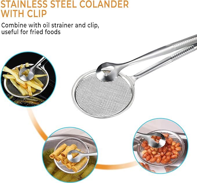 2 IN 1 FRYING TONG | Imported Small Multi-functional 2 in 1 Fry Tool Filter Spoon Strainer With Clip, Oil Frying BBQ Filter Stainless Steel Mesh View Gallery - Pakistan