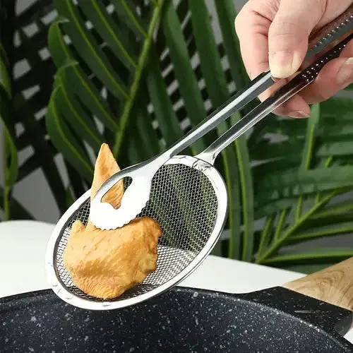 2 IN 1 FRYING TONG | Imported Small Multi-functional 2 in 1 Fry Tool Filter Spoon Strainer With Clip, Oil Frying BBQ Filter Stainless Steel Mesh View Gallery - Pakistan