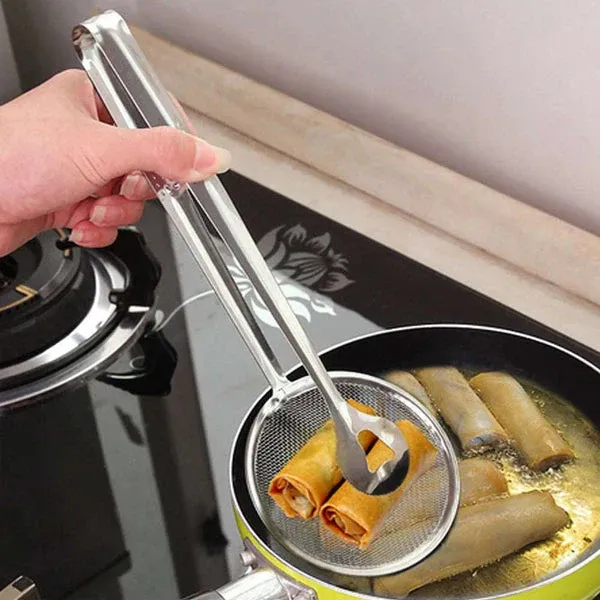 2 IN 1 FRYING TONG | Imported Small Multi-functional 2 in 1 Fry Tool Filter Spoon Strainer With Clip, Oil Frying BBQ Filter Stainless Steel Mesh View Gallery - Pakistan