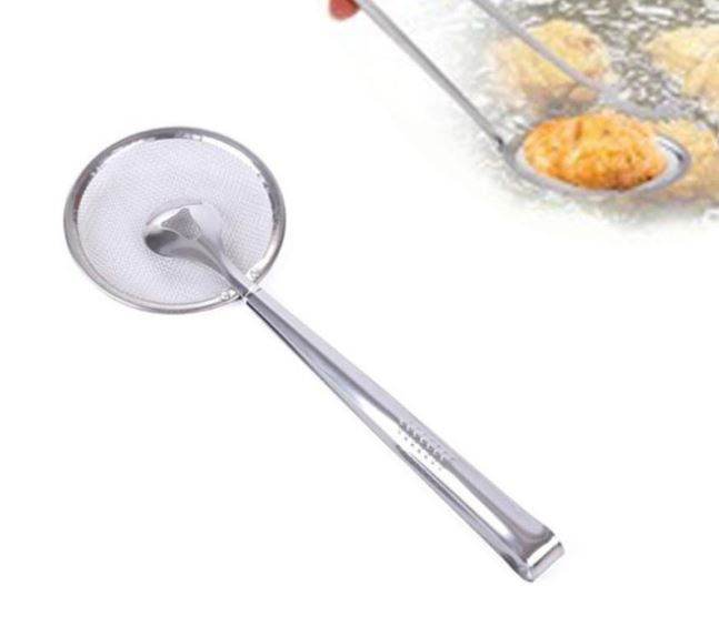 2 IN 1 FRYING TONG | Imported Small Multi-functional 2 in 1 Fry Tool Filter Spoon Strainer With Clip, Oil Frying BBQ Filter Stainless Steel Mesh View Gallery - Pakistan