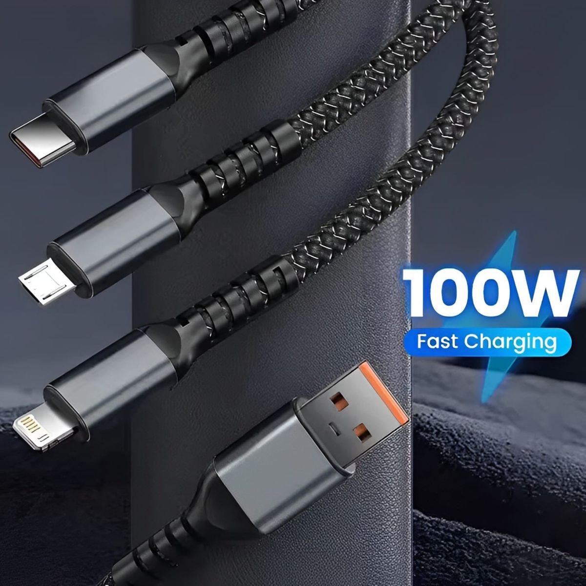 Gamen 3 in 1 Fast Charging Cable | 100W Fast Charging Cable Multi Charger Cable Nylon Braided Multiple USB Universal 3 In 1 Charging Cord Adapter With Type-C Micro BYJ ( With Box )