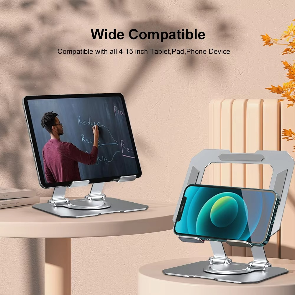 360° Rotating Metal Tablet &amp; Mobile - Adjustable, Foldable, and Portable Desk Mount with Cooling Design for Phones, Tablets, and Small Devices, Device Cooling Stand | Stainless Steel Stand, Tablet Holder Stand - Random Color View Gallery - Pakistan