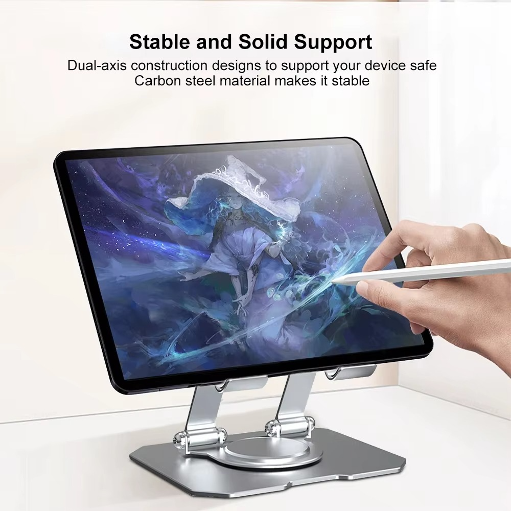 360° Rotating Metal Tablet &amp; Mobile - Adjustable, Foldable, and Portable Desk Mount with Cooling Design for Phones, Tablets, and Small Devices, Device Cooling Stand | Stainless Steel Stand, Tablet Holder Stand - Random Color View Gallery - Pakistan