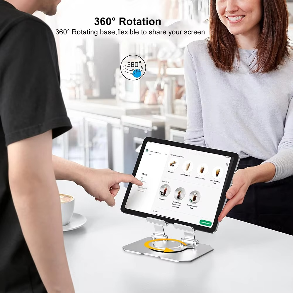 360° Rotating Metal Tablet &amp; Mobile - Adjustable, Foldable, and Portable Desk Mount with Cooling Design for Phones, Tablets, and Small Devices, Device Cooling Stand | Stainless Steel Stand, Tablet Holder Stand - Random Color View Gallery - Pakistan