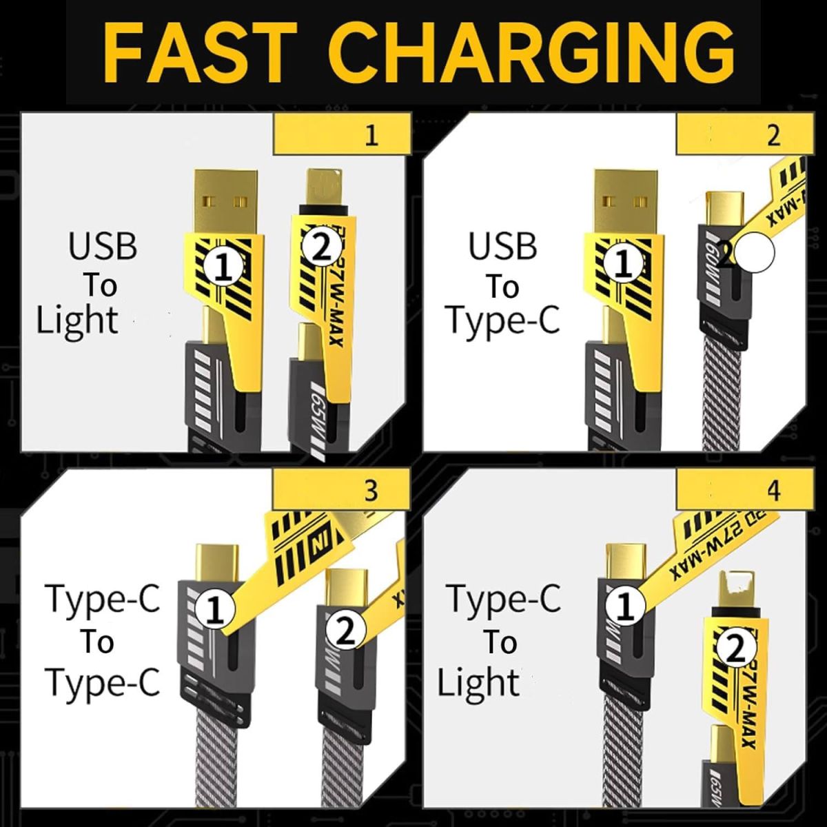 4-in-1 Multi USB Charging Cable – USB-C to USB-C, USB-C to Lightning, USB-A to USB-C, USB-A to Lightning | Fast PD Charger Cord for iPhone, iPad, Samsung, MacBook View Gallery - Pakistan