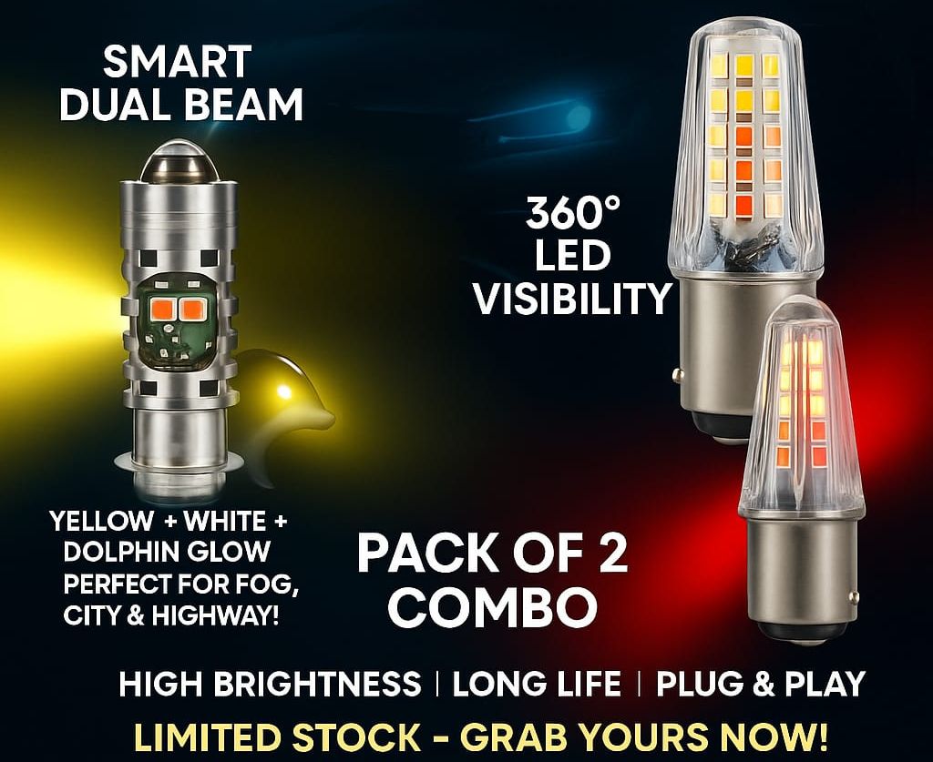 Pack of 2 – Headlight &amp;amp; Backlight Bulb | Yellow/White Beam + Red/Blue Flasher | Universal for All Bikes