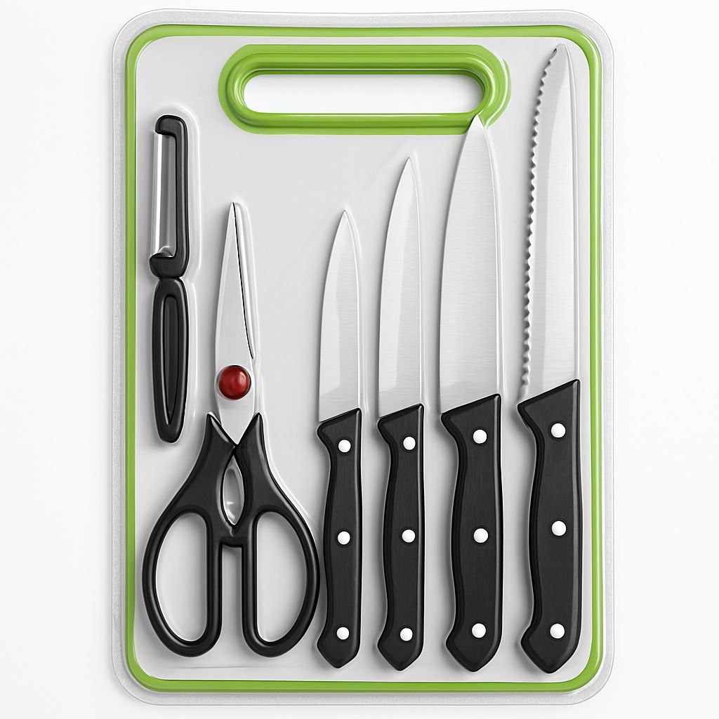 6 in 1 Stainless Steel Knives Set– For meat, bread, fruits, and vegetables | Kitchen Knife Set with Scissors, Peeler &amp;amp; Cutting Board – All-in-One Cooking Essentials with Ergonomic Handles &amp;amp; Sharp Stainless Steel Blades