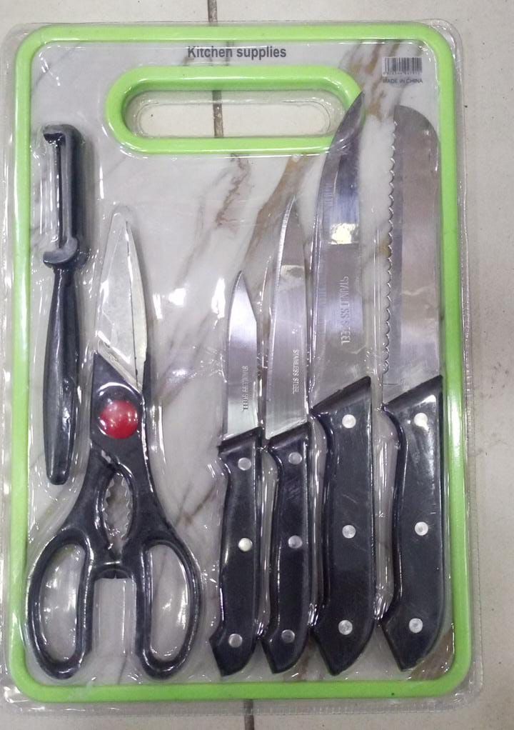 6 in 1 Stainless Steel Knives Set– For meat, bread, fruits, and vegetables | Kitchen Knife Set with Scissors, Peeler &amp; Cutting Board – All-in-One Cooking Essentials with Ergonomic Handles &amp; Sharp Stainless Steel Blades View Gallery - Pakistan