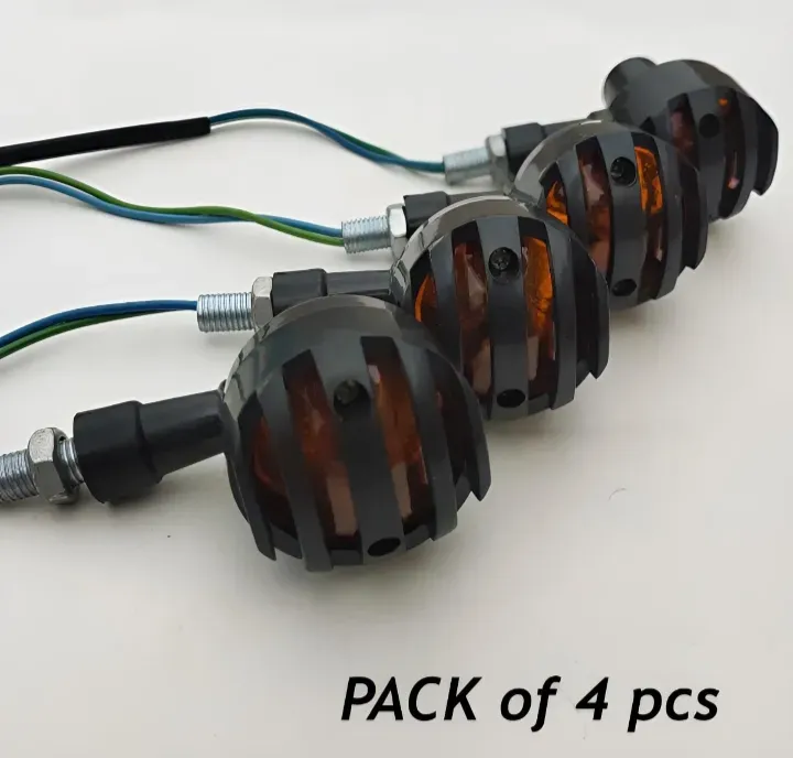 4 pcs Set 12V Universal Motorcycle Grill Turn Signal Lights – Amber LED, Chrome Body, Compatible with Honda, Yamaha, Kawasaki, Sportster 1200, and More