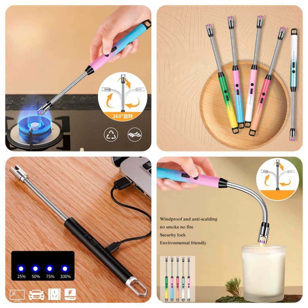 Arc Lighter With Usb Charging | Flameless Windproof | LED Battery Display | Safety Switch | Rotate 360 Degrees ( Random Color ) View Gallery - Pakistan