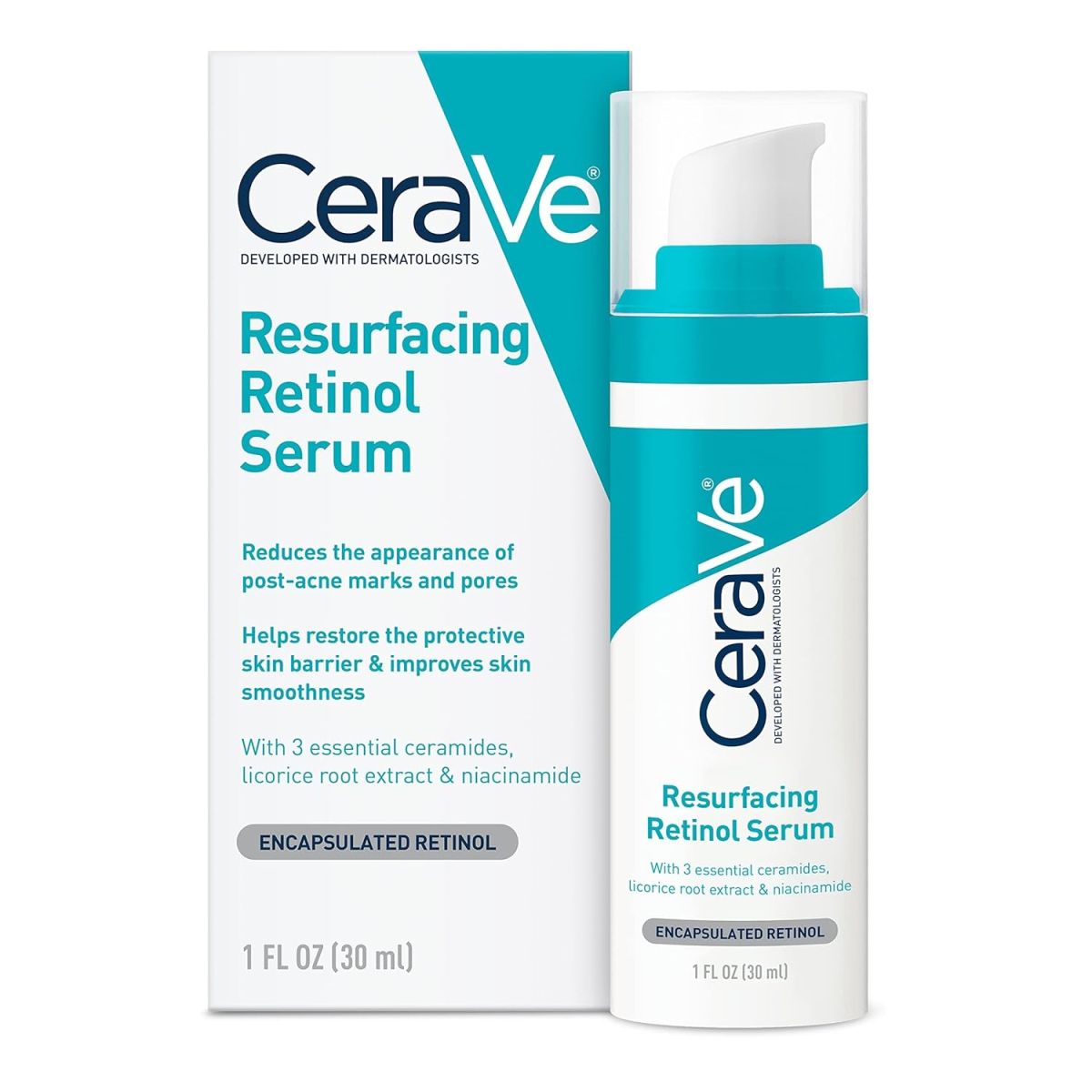 CeraVe Resurfacing Retinol Serum For Post Acne Marks, Formulated With Licorice Root Extract &amp;amp; Niacinamide, Brightening Serum &amp;amp; Pore Minimizer For Face, Post Acne Skin Barrier Repair, Non-Comedogenic - 30ml