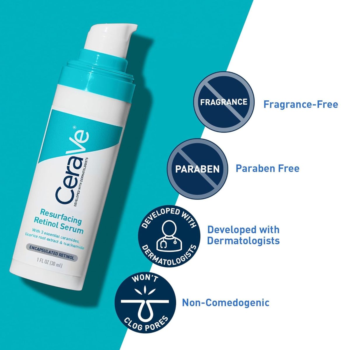CeraVe Resurfacing Retinol Serum For Post Acne Marks, Formulated With Licorice Root Extract &amp; Niacinamide, Brightening Serum &amp; Pore Minimizer For Face, Post Acne Skin Barrier Repair, Non-Comedogenic - 30ml View Gallery - Pakistan