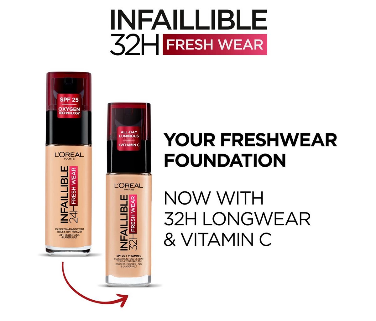 L'Oréal Paris Infallible 32H Fresh Wear Foundation, Full-coverage, Longwear, Weightless Smooth Finish, Water-proof and Transfer-proof, with Vitamin C 30ml View Gallery - Pakistan